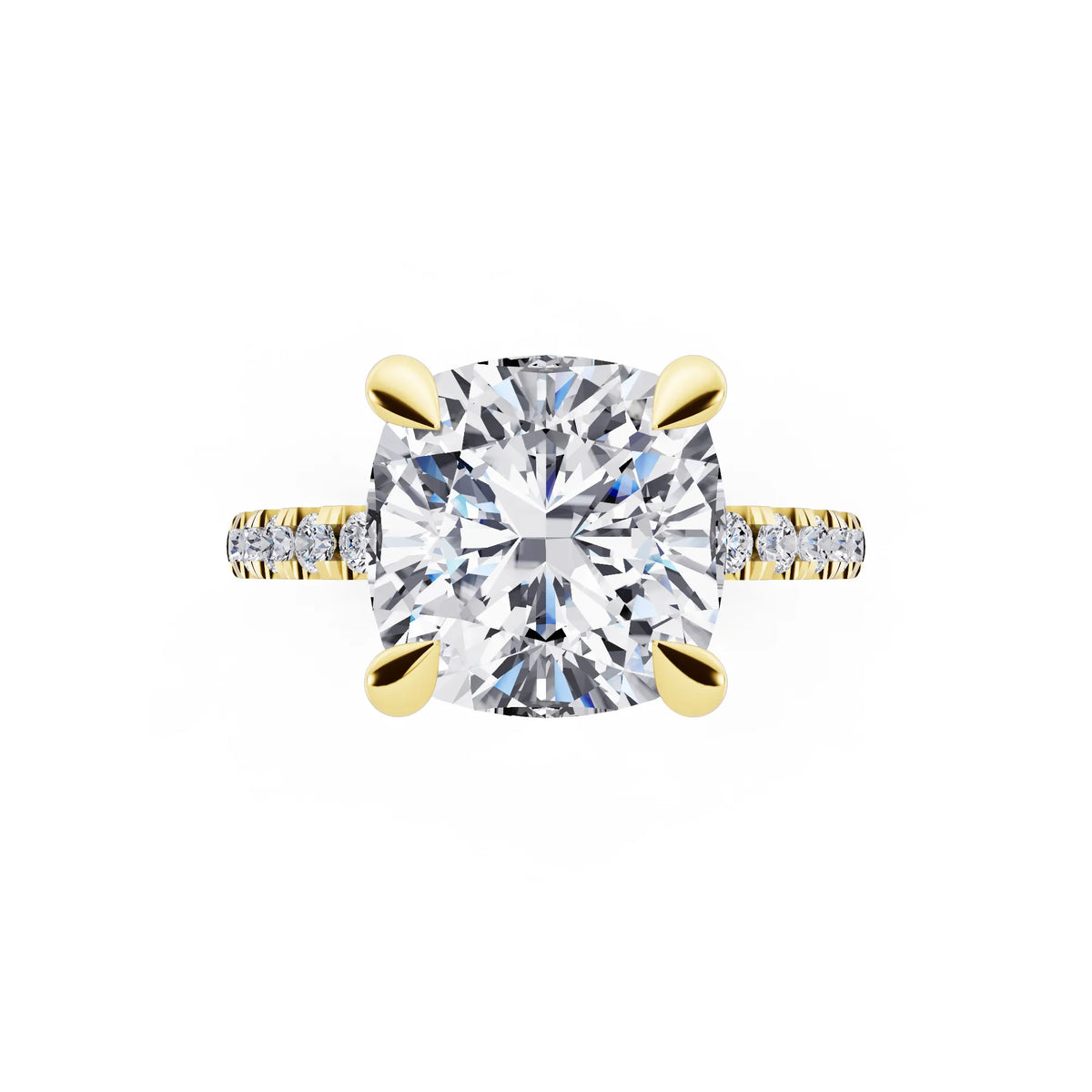 14 KT Yellow Gold Cushion Cut Diamond Solitaire Ring with Round Pavé Band and Prong Setting - top angle