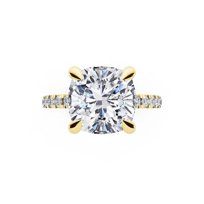 14 KT Yellow Gold Cushion Cut Diamond Solitaire Ring with Round Pavé Band and Prong Setting - top angle