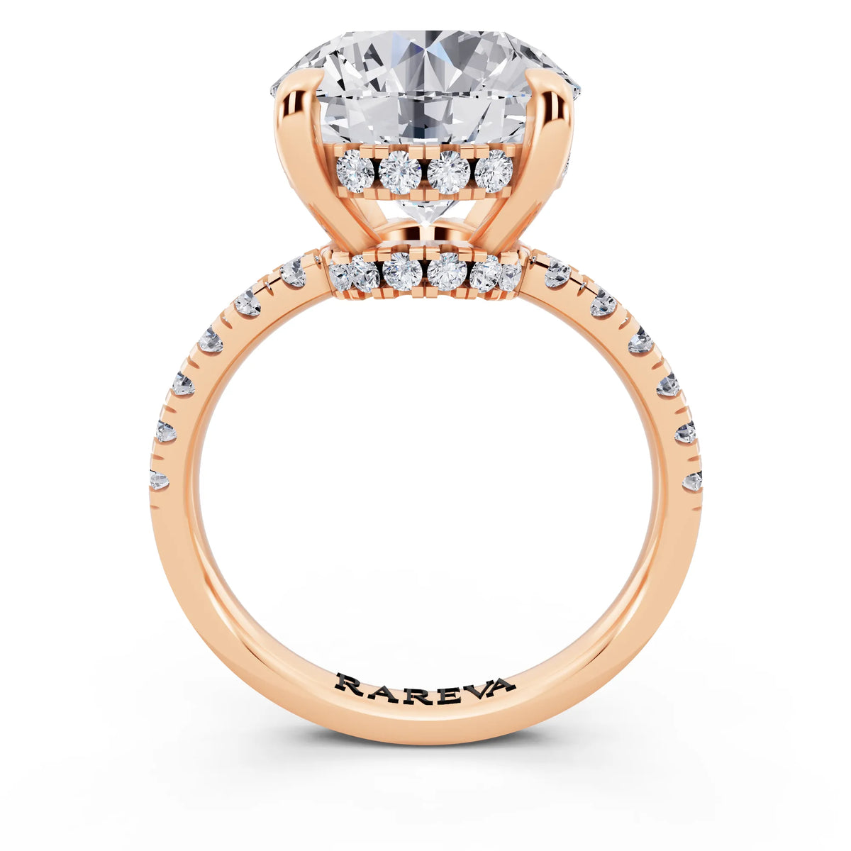 18 KT Rose Gold Round Cut Diamond Hidden Halo Tiger Prong Pave Band Ring - through finger