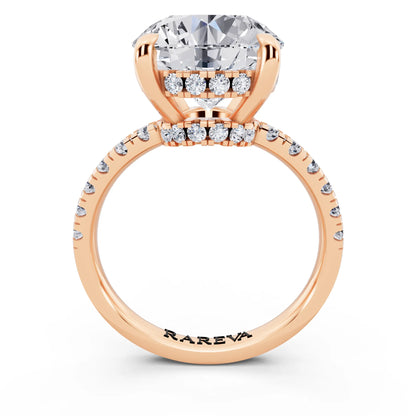 18 KT Rose Gold Round Cut Diamond Hidden Halo Tiger Prong Pave Band Ring - through finger