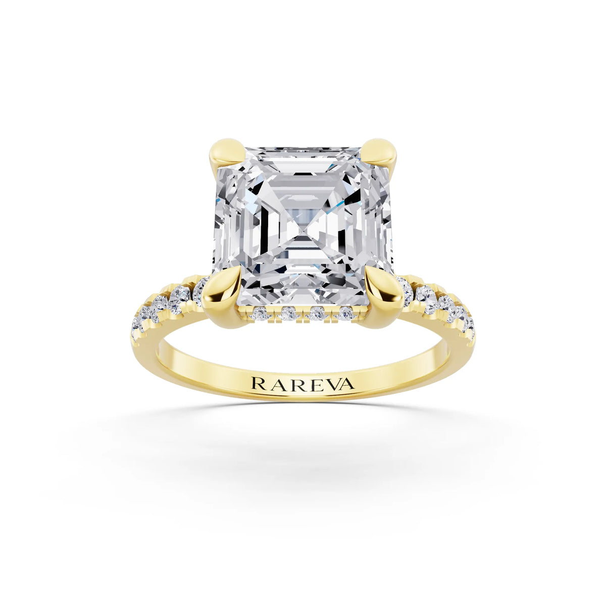 14 KT Yellow Gold Asscher Cut Diamond Solitaire Ring with Round Pavé Band and Prong Setting - front view