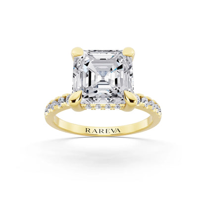 14 KT Yellow Gold Asscher Cut Diamond Solitaire Ring with Round Pavé Band and Prong Setting - front view