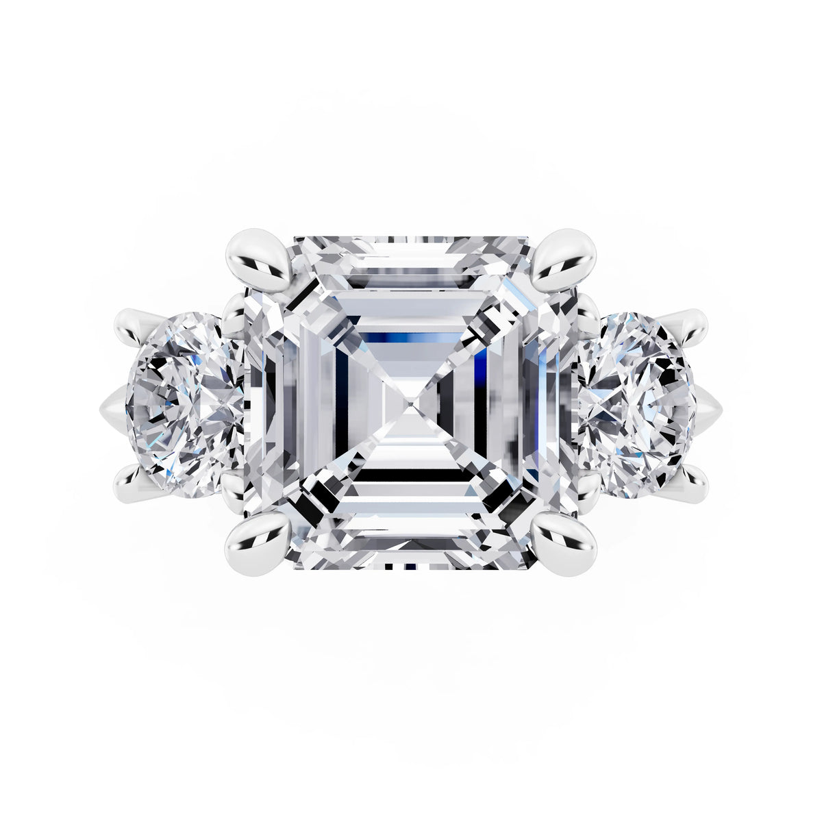 14 KT White Gold Asscher Cut Diamond Three Stone Ring with Round Accents - top angle