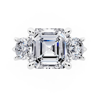 14 KT White Gold Asscher Cut Diamond Three Stone Ring with Round Accents - top angle