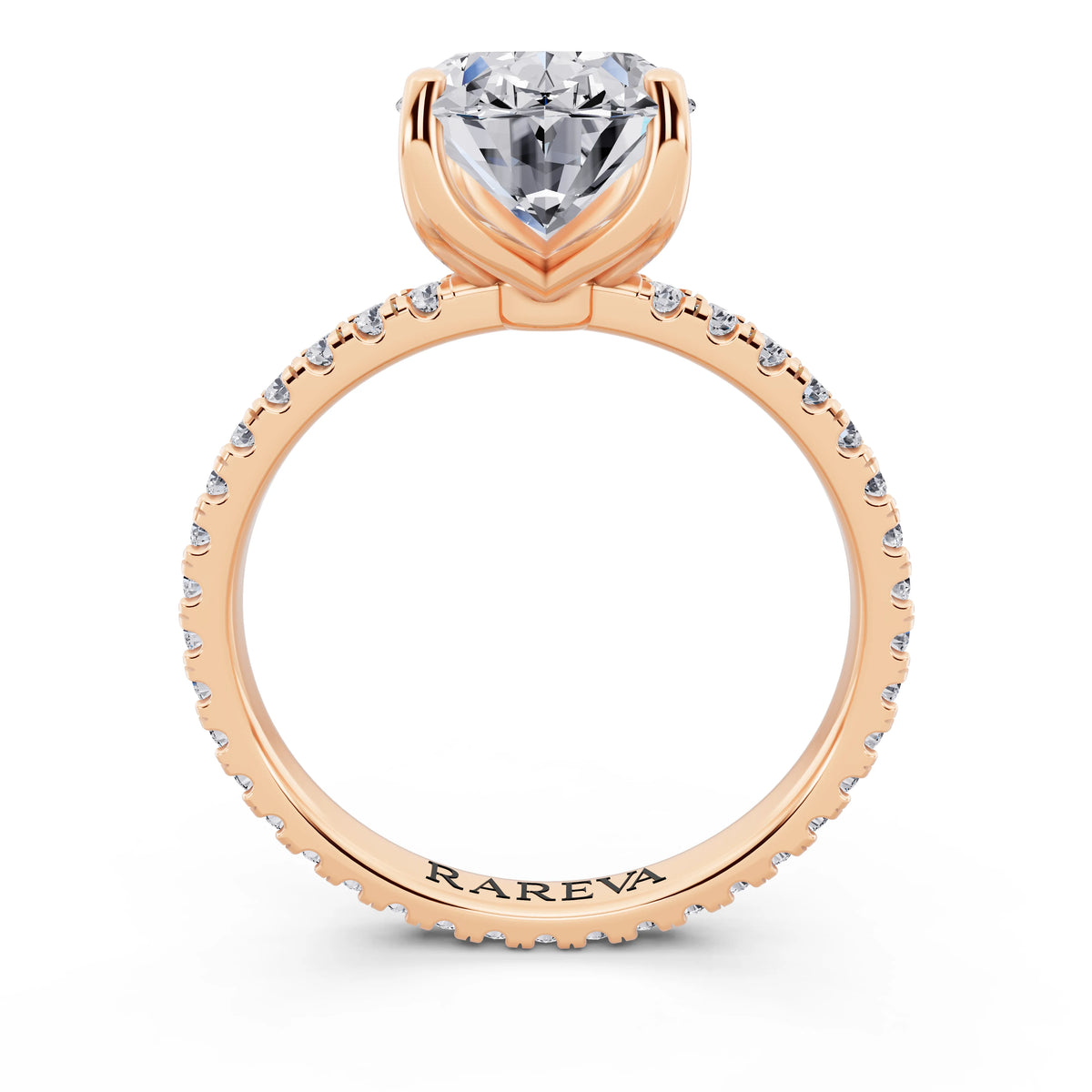 14 KT Rose Gold Oval Cut Diamond Solitaire Ring with Pave Eternity Band - through finger