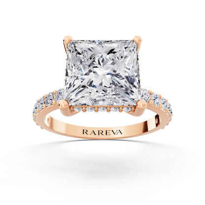 14 KT Rose Gold Princess Cut Diamond Solitaire Ring with Hidden Halo and Pave Band - front view