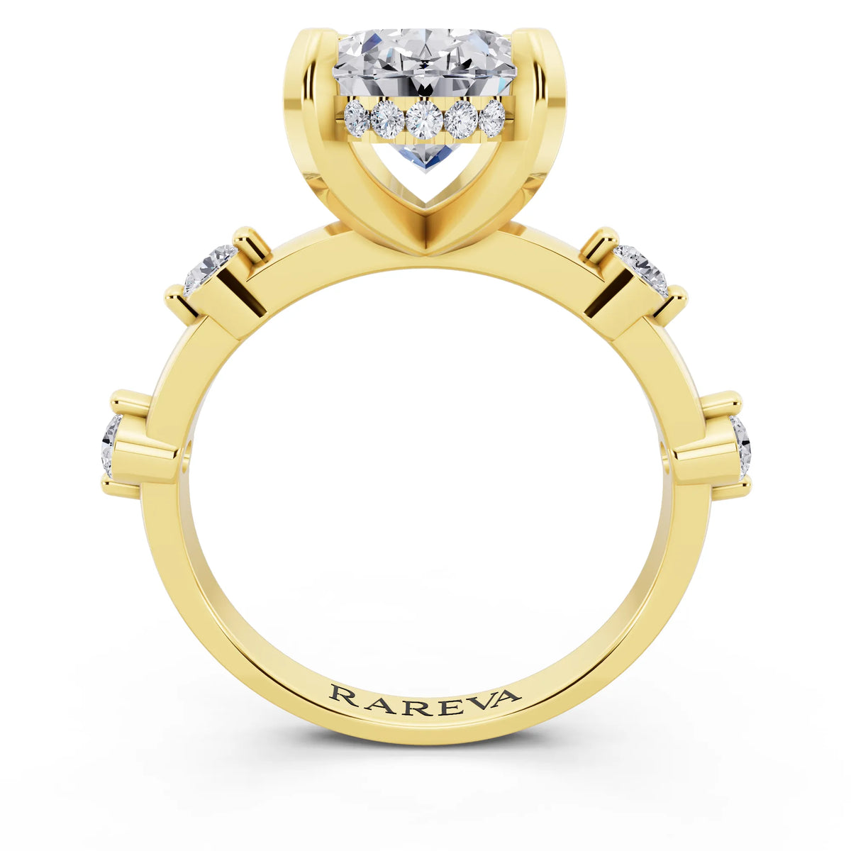 14 KT Yellow Gold Oval Cut Diamond Solitaire Ring with Floating Diamond Accents - through finger