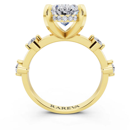 14 KT Yellow Gold Oval Cut Diamond Solitaire Ring with Floating Diamond Accents - through finger