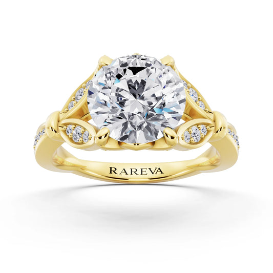14 KT Yellow Gold Round Cut Diamond Ring with Lotus Collar - front view
