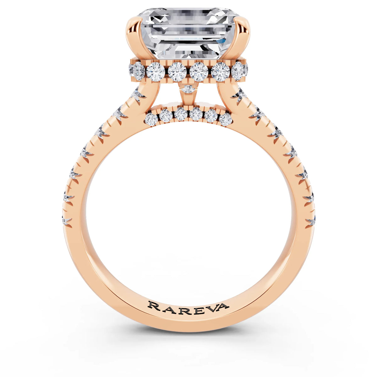 18 KT Rose Gold Asscher Cut Diamond Ring with Hidden Halo - through finger