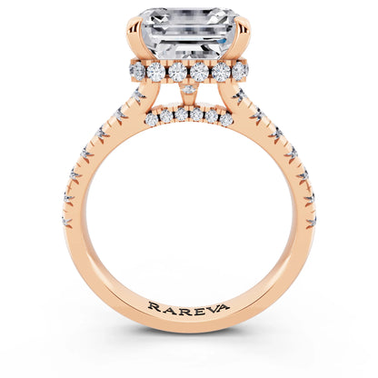 18 KT Rose Gold Asscher Cut Diamond Ring with Hidden Halo - through finger