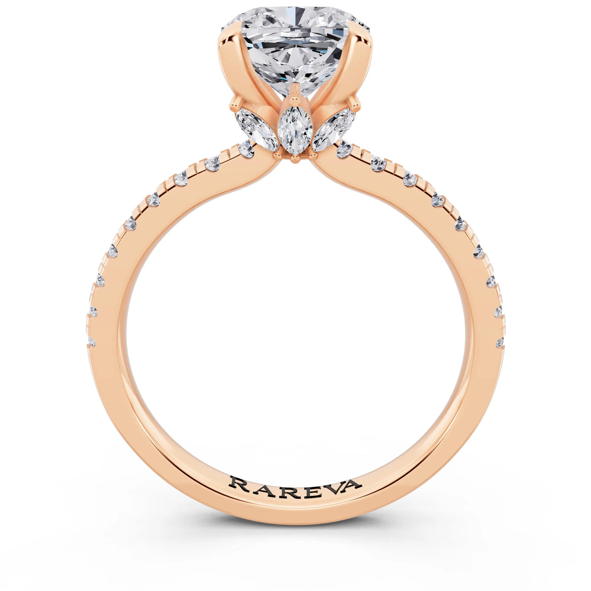 18 KT Rose Gold Cushion Cut Diamond Solitaire Ring with Marquise Collar - through finger