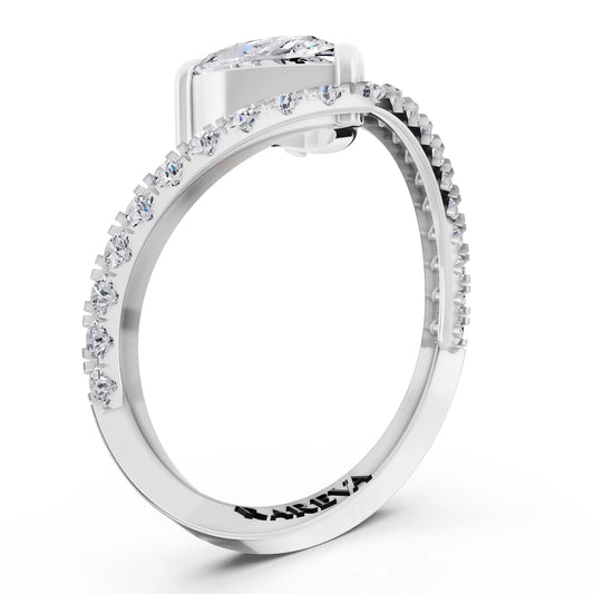 Platinum Pear Cut Diamond Solitaire Ring with Pave Chevron Band - Top view