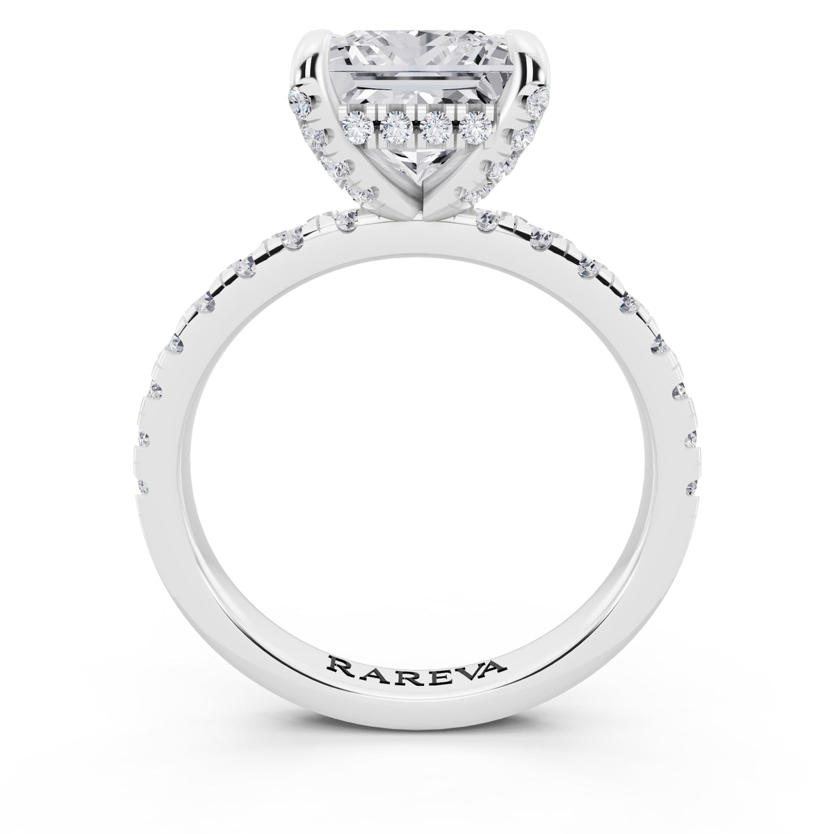 14 KT White Gold Princess Cut Diamond Hidden Halo Ring with Pave Shank - through finger