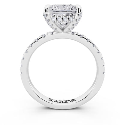 14 KT White Gold Princess Cut Diamond Hidden Halo Ring with Pave Shank - through finger
