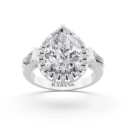 14 KT White Gold Pear Cut Diamond Halo Ring with Baguette Accents - front view