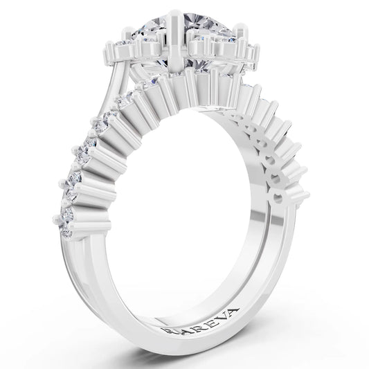 Platinum Round Cut Diamond Sunburst Halo Ring with Graduated Band - Top view
