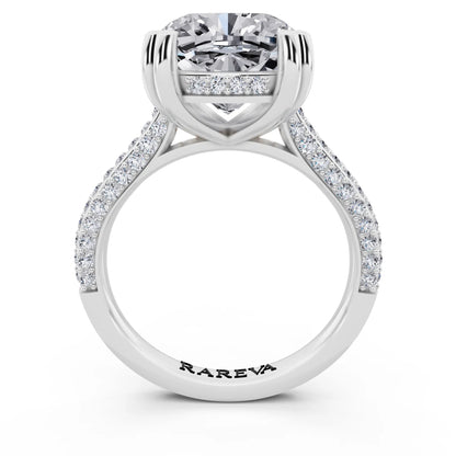 18 KT White Gold Cushion Cut Diamond Hidden Halo Double Claw Pave Band Ring - through finger