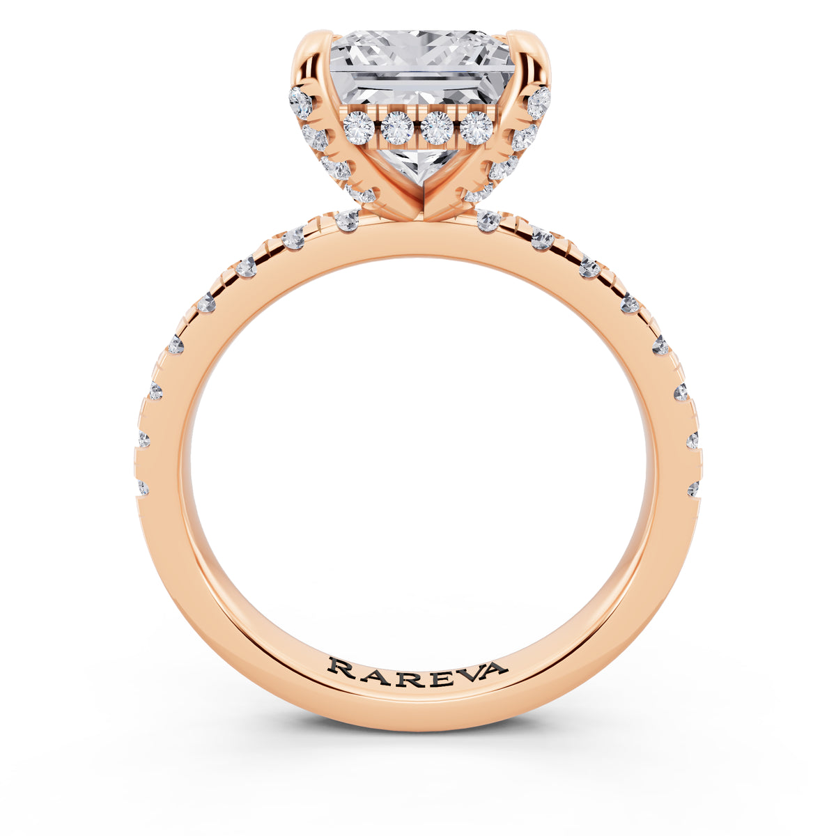 18 KT Rose Gold Princess Cut Diamond Hidden Halo Ring with Pave Shank - through finger