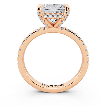 18 KT Rose Gold Princess Cut Diamond Hidden Halo Ring with Pave Shank - through finger