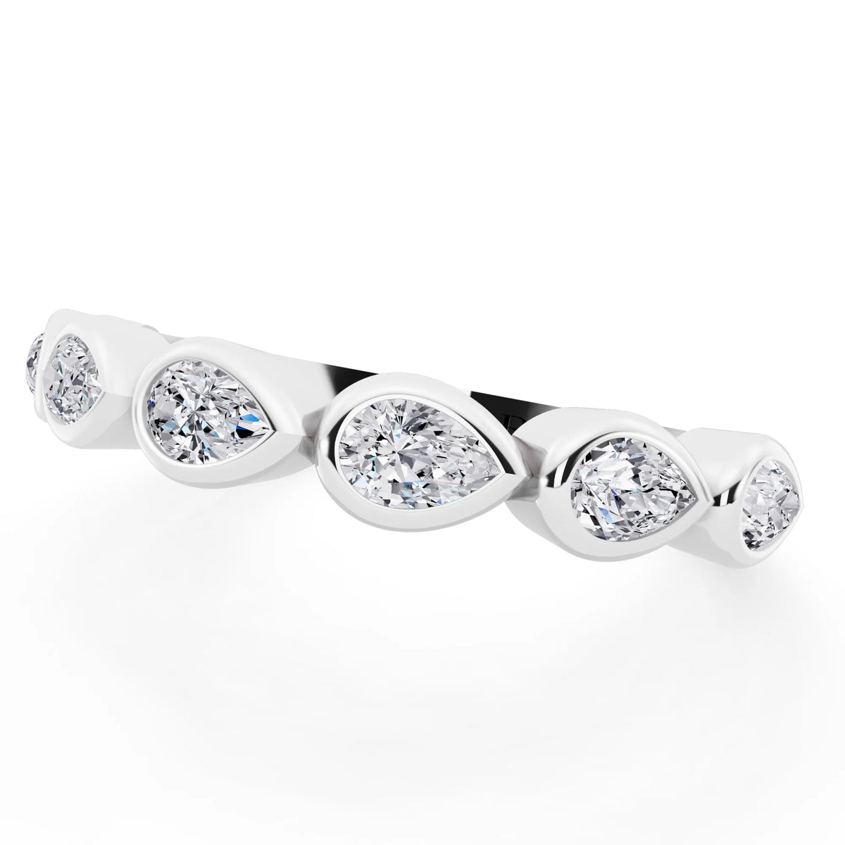 14K White Gold Seven Stone Pear Cut Bezel Set Diamond Half Eternity Wedding Band - 2mm - Close up
