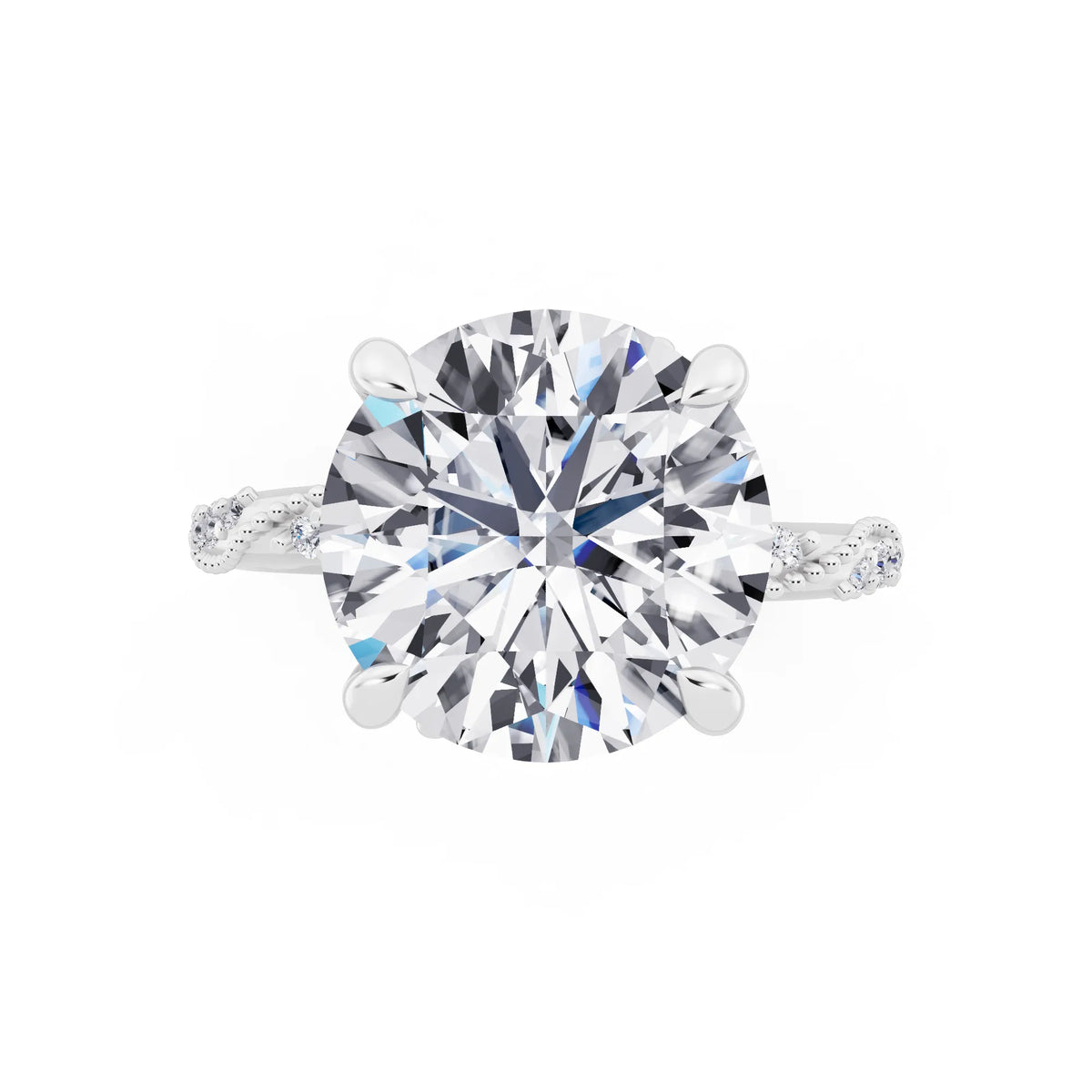 14 KT White Gold Round Cut Diamond Ring with Marquise Accent - top angle