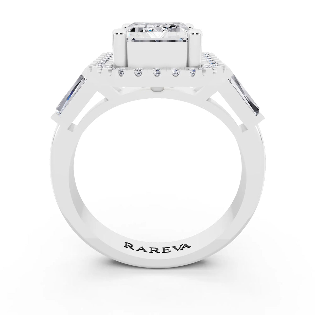 14 KT White Gold Emerald Cut Diamond Halo Ring with Baguette Accents - through finger