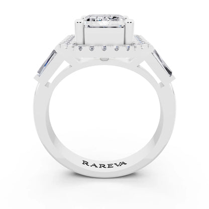 14 KT White Gold Emerald Cut Diamond Halo Ring with Baguette Accents - through finger