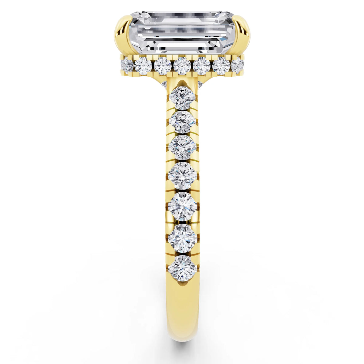 14 KT Yellow Gold Emerald Cut Diamond Ring with Hidden Halo - side view
