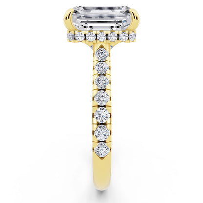 14 KT Yellow Gold Emerald Cut Diamond Ring with Hidden Halo - side view