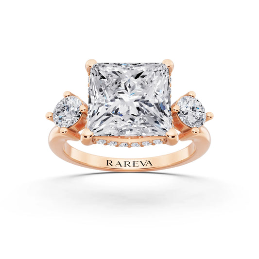 18 KT Rose Gold Princess Cut Diamond Three Stone Engagement Ring with Hidden Halo - front view