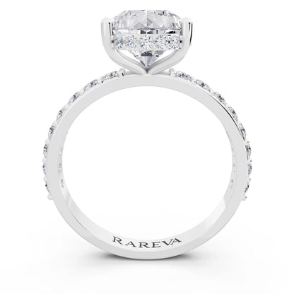 Platinum Pear Cut Diamond Solitaire Ring with Hidden Halo and Pave Band - through finger