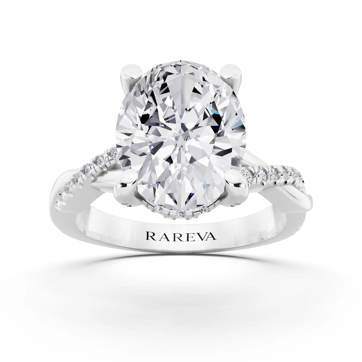 14 KT White Gold Oval Cut Diamond Hidden Halo Ring with Twisted Pave Band - front view