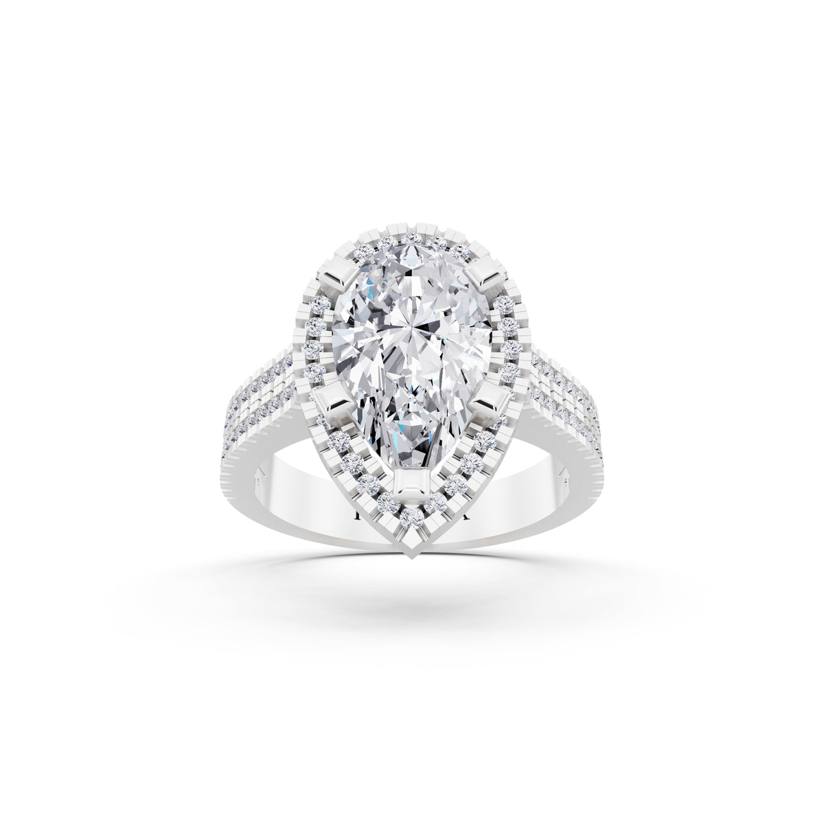 18 KT White Gold Pear Cut Diamond Halo Ring with Twin Pave Band - front view