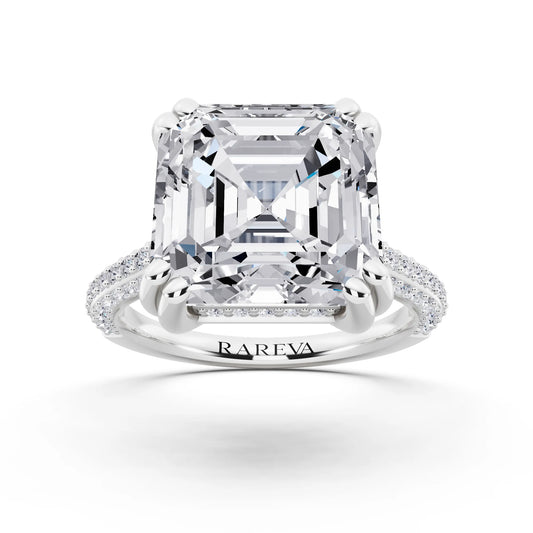 Platinum Asscher Cut Diamond Hidden Halo Double Claw Pave Band Ring - front view