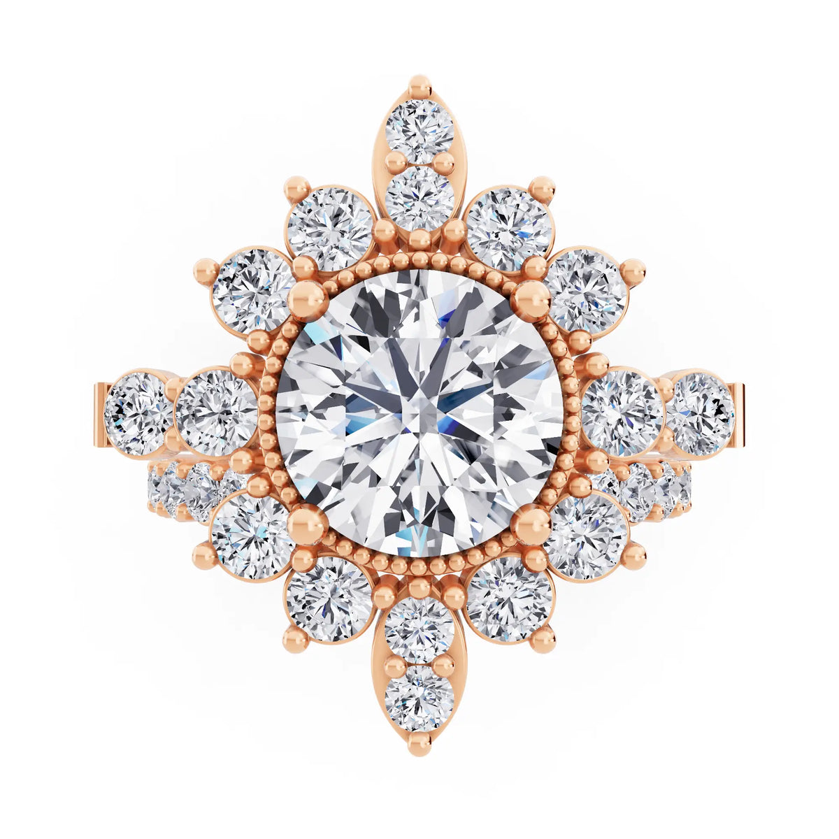 14 KT Rose Gold Round Cut Diamond Starburst Halo Ring - Top down
