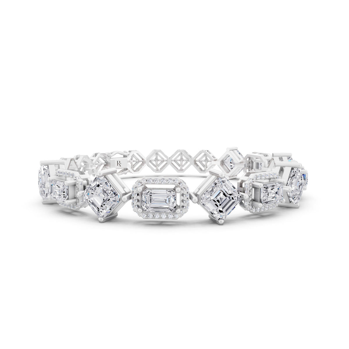 10K White Gold Square Emerald and Emerald Cut Halo Diamond Tennis Bracelet - Top1