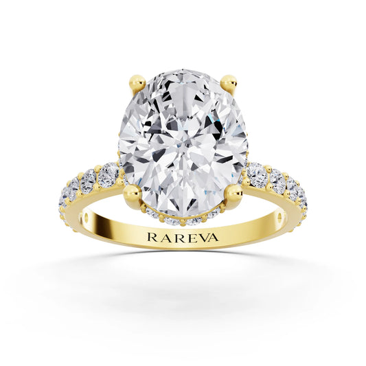 14 KT Yellow Gold Oval Cut Diamond Solitaire Ring with Hidden Halo and Pave Band - front view