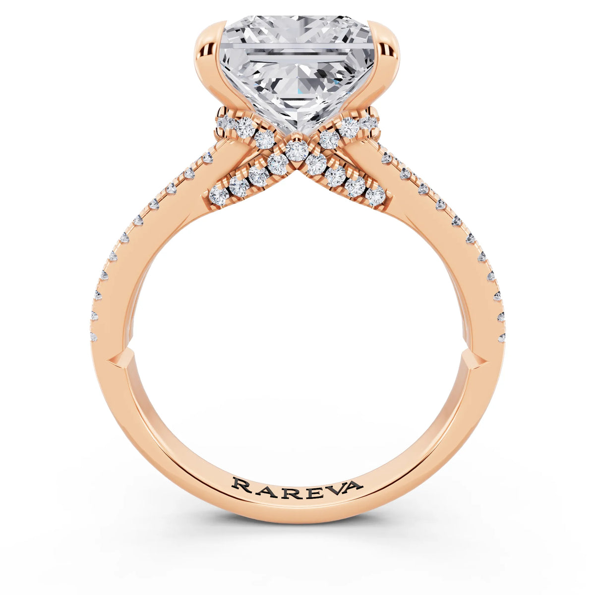 14 KT Rose Gold Princess Cut Diamond Ring with Pavé Split Shank - through finger