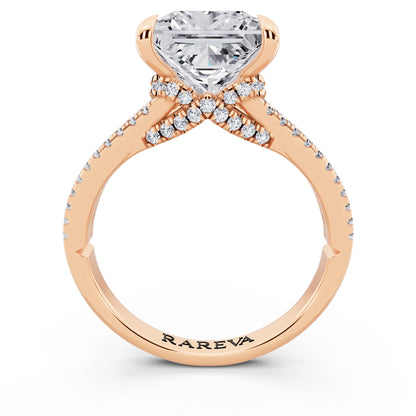 14 KT Rose Gold Princess Cut Diamond Ring with Pavé Split Shank - through finger