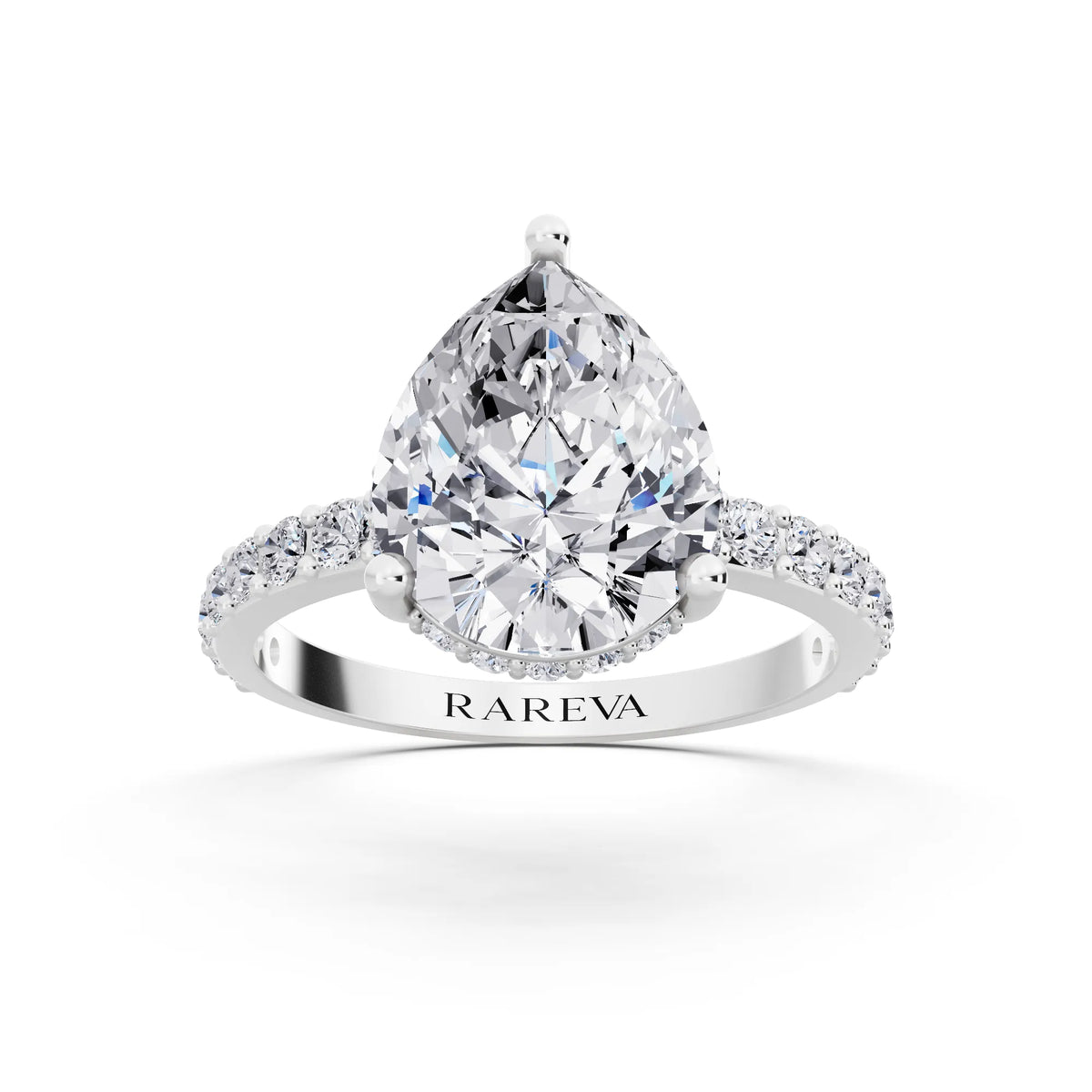 Platinum Pear Cut Diamond Solitaire Ring with Hidden Halo and Pave Band - front view