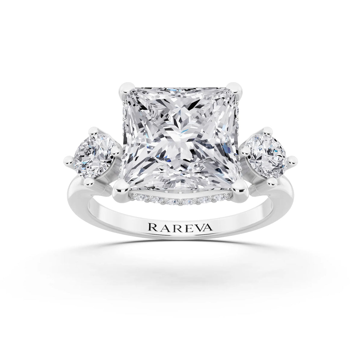 18 KT White Gold Princess Cut Diamond Three Stone Engagement Ring with Hidden Halo - front view