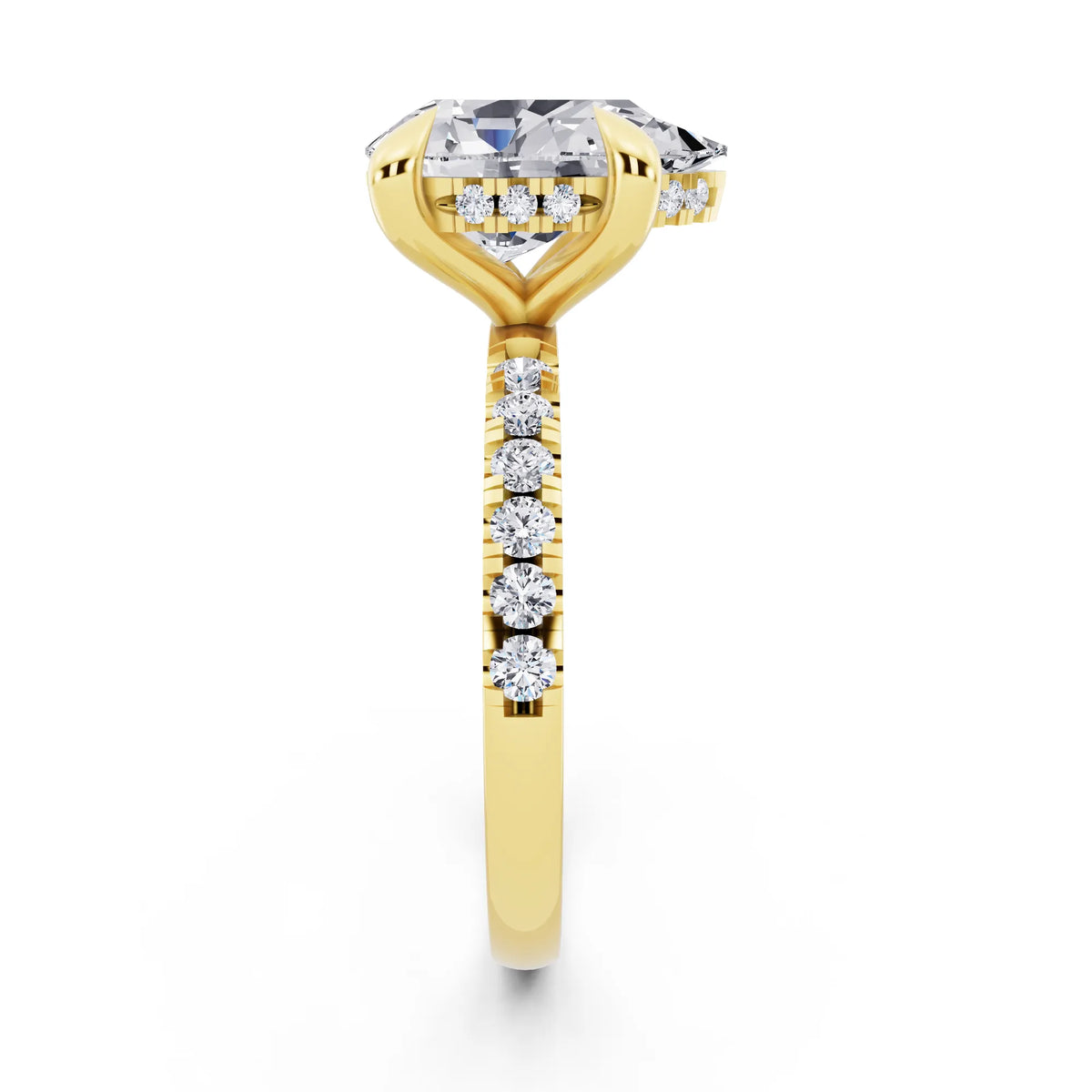 18 KT Yellow Gold Pear Cut Diamond Solitaire Ring with Round Pavé Band and Prong Setting - side view