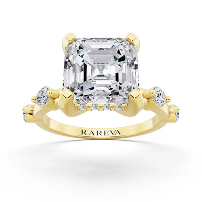 18 KT Yellow Gold Asscher Cut Diamond Solitaire Ring with Floating Diamond Accents - front view