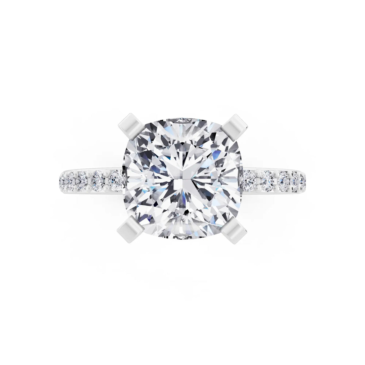 Platinum Cushion Cut Diamond Solitaire Ring with Pave Shank - top angle