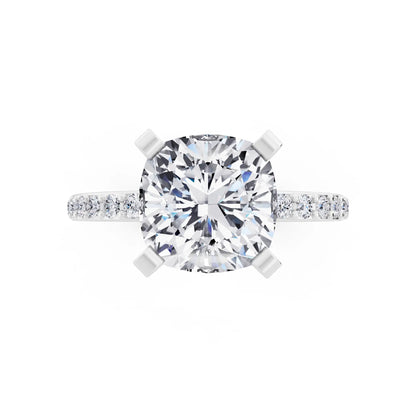 Platinum Cushion Cut Diamond Solitaire Ring with Pave Shank - top angle