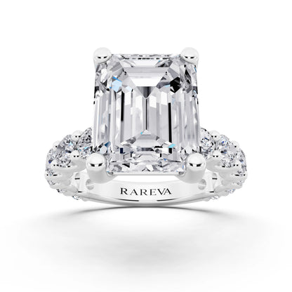 18 KT White Gold Emerald Cut Diamond Ring with Shared Prong Eternity Band - front view