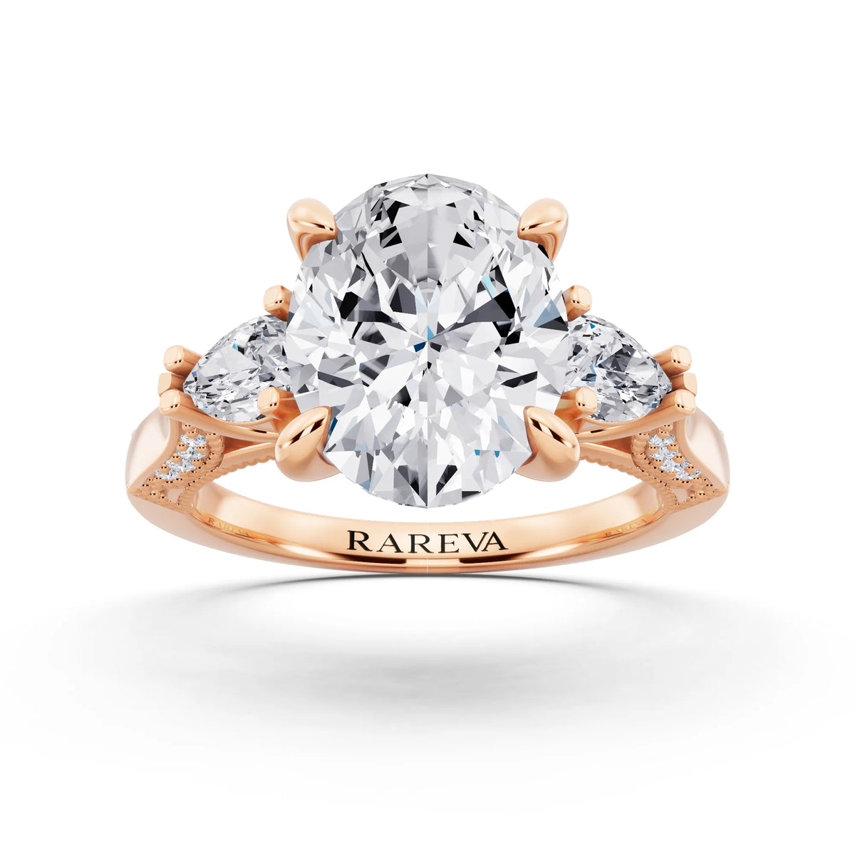18 KT Rose Gold Oval Cut Diamond Three Stone Pear Accent Vintage Pave Ring - front view