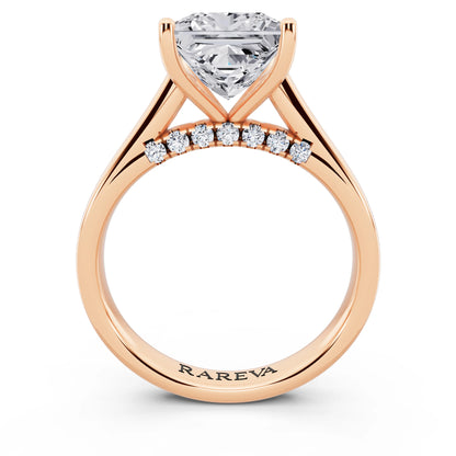 14 KT Rose Gold Princess Cut Diamond Solitaire Ring with Hidden Accent - through finger
