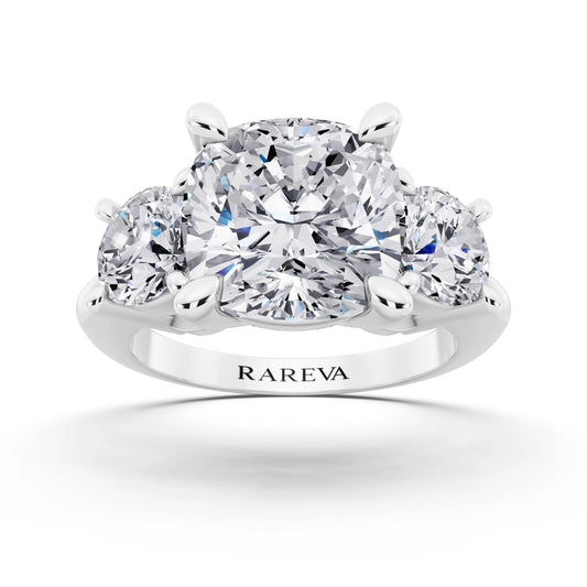 14 KT White Gold Cushion Cut Diamond Three Stone Ring with Round Accents - front view
